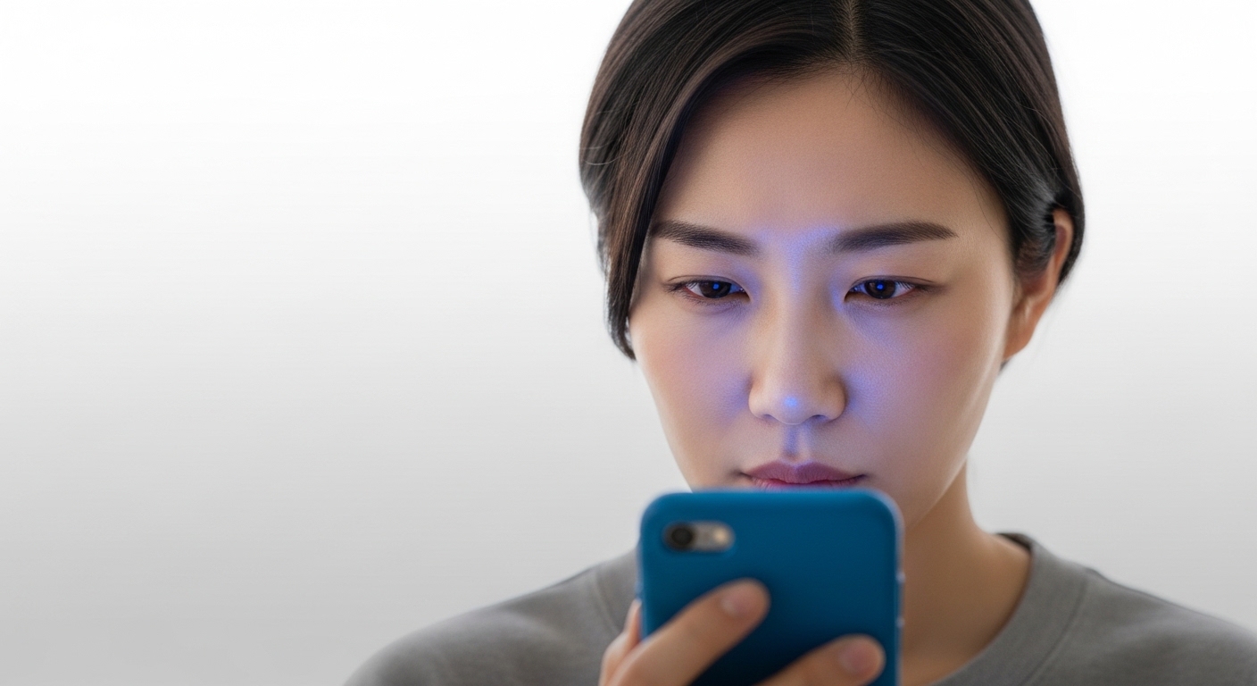 일상 속 스마트폰 사용으로 인해 눈의 피로를 느끼는 현대인의 모습